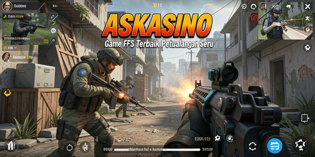 Screenshot utama ASKASINO menampilkan aksi tembak-menembak yang intens.