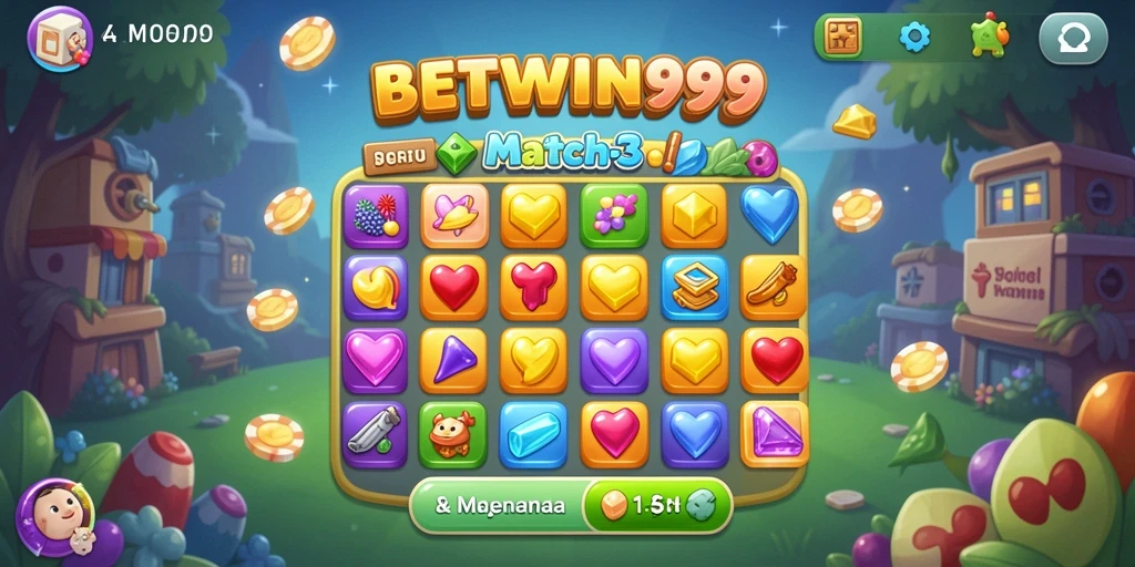 Tampilan gameplay BETWIN999 saat mencocokkan item di level yang seru.