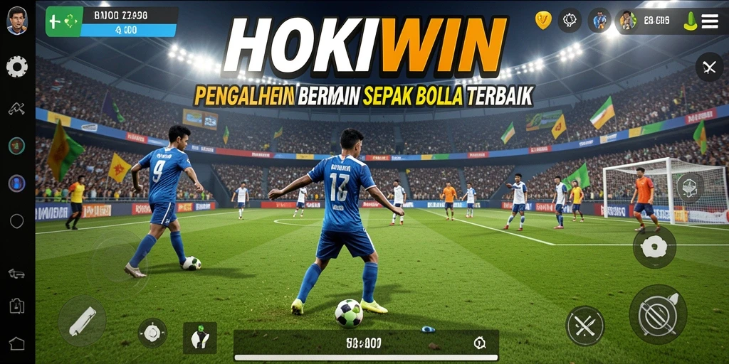Screenshot gameplay HOKIWIN yang menunjukkan aksi sepak bola seru.