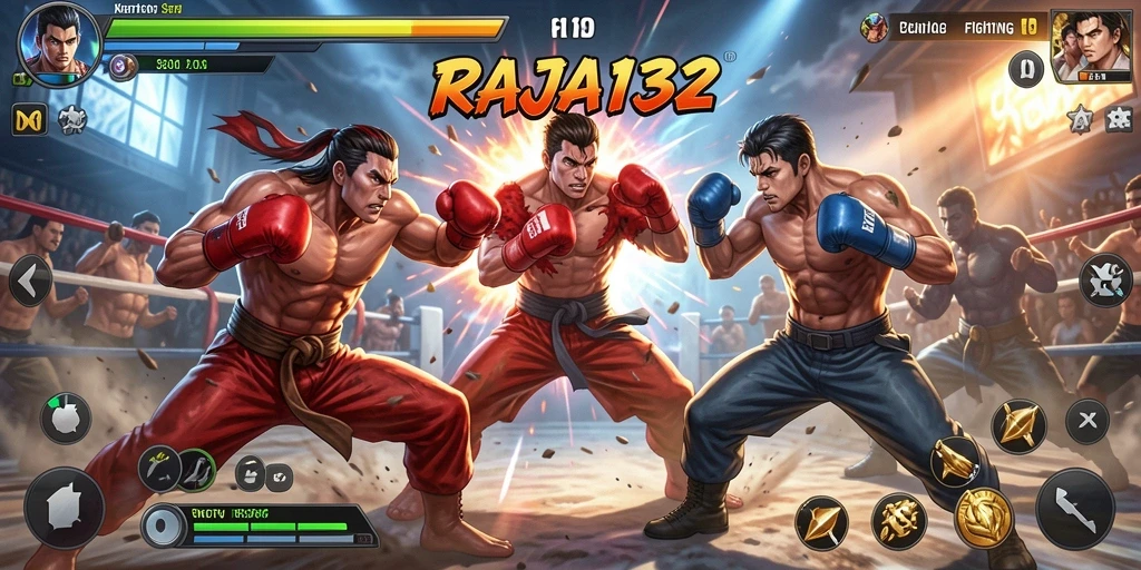Screenshot menunjukkan pertarungan seru dalam game Fighting RAJA132.
